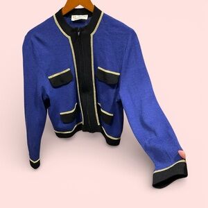Vintage 90s St. John Collection royal blue gold trim zip front cardigan sweater